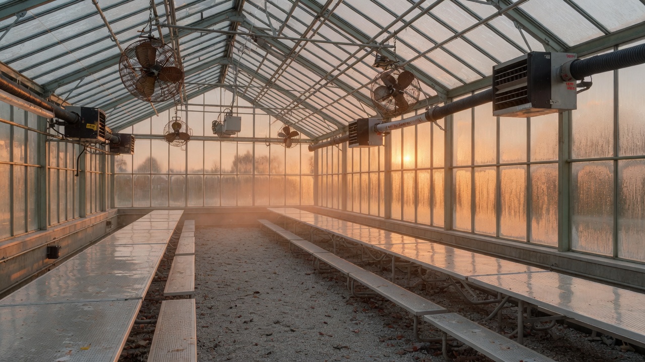 Empty commercial glasshouse interior at golden hour