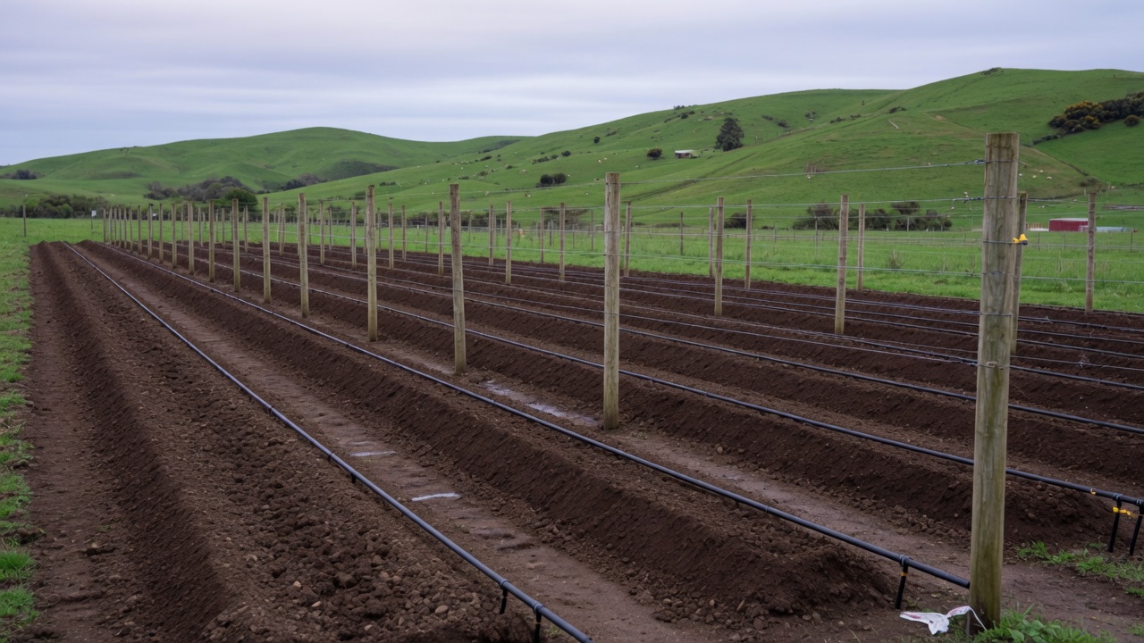 Prepared outdoor field with raised rows and trellis posts