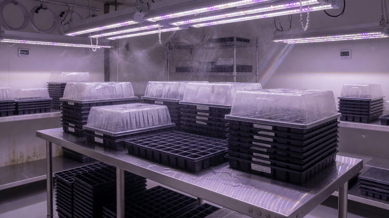 Propagation room with empty rooting trays under humidity domes