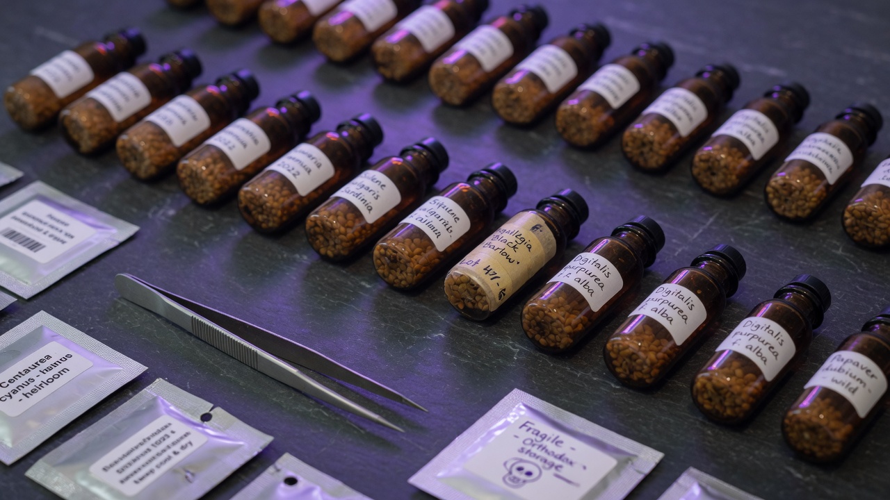 Labelled seed vials on a slate bench under soft purple light